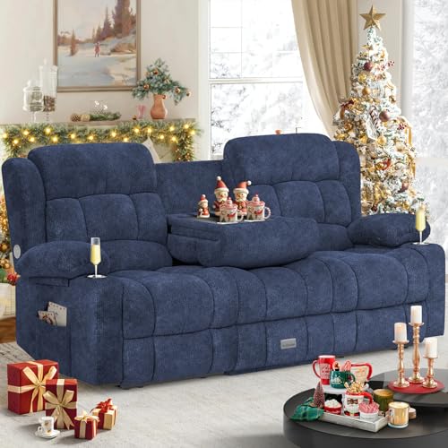 Dresegmt Loveseat Recliner Sofa, Flip Middle Backrest Design 3 Seat Reclining Sofa with Storage Drawer, USB Ports & Cup Holders, Manual Couch for Living Room/RV (Blue)