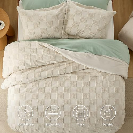 Bedsure King Size Comforter Set Mineral Blue, Boho Tufted Bed Set, Checkered Farmhouse Shabby Chic Bedding, 3 Pieces, 1 Plaid Geometric Comforter and 2 Pillow Shams Bedsure