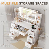 YESHOMY 43.3''Vanity Desk with LED Mirror & Power Outlet, 7 Drawer Makeup Vanity with Side Shelves, Lighted Dressing Table for Bedroom(White YESHOMY