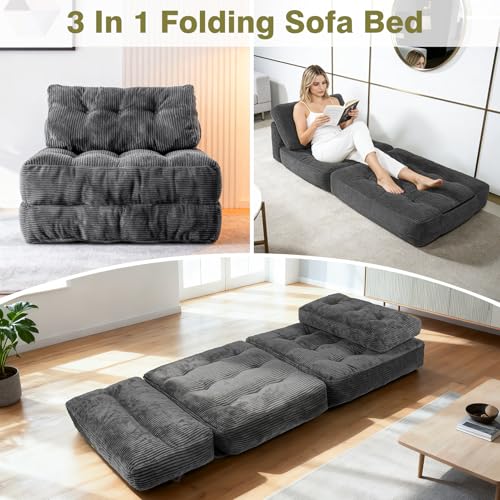Art3d Folding Sofa Bed, Convertible Sleeper Sofa Bed with Pilow & Back Support, 3 in 1 Long Futon Boneless Couch, Comfy Floor Couch for Living Room, Bedroom, Dark Gray Art3d