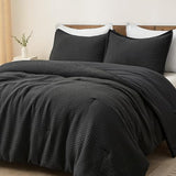 PHF Ultra Soft Waffle Weave Comforter Set Queen Size, 3 Pieces Lightweight Breathable Comfy Bedding Set, Comfy Textured 1 Comforter with 2 Pillow Shams, Black PHF