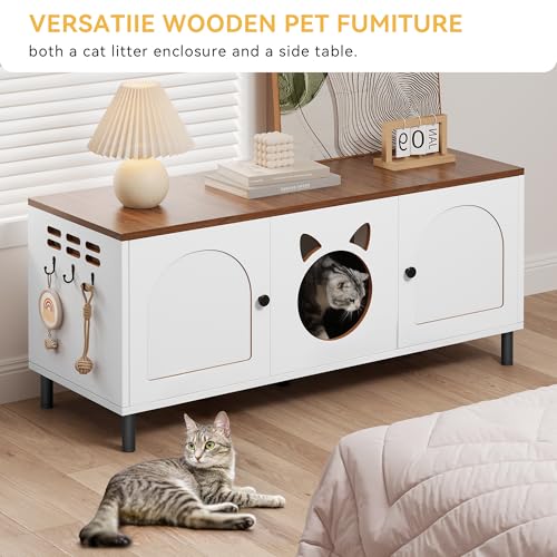 YITAHOME Cat Litter Box Enclosure for 2 Cats, Hidden Litter Box Furniture with Double Rooms, Scratching Pad, Pompom,Hanging Hooks, Wooden Cat House, 47.2" L x17.7 W x20.4 H, White and Rustic  - WoodArtSupply