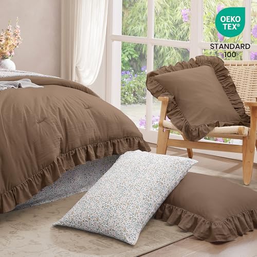 BLOOMHAVEN Queen Comforter Set - 7 Pieces Ruffle Amber Brown Bedding Sets, Shabby Chic Farmhouse Bed in a Bag with Ruffle Comforter, Floral Sheets, Pillowcases & Shams BLOOMHAVEN