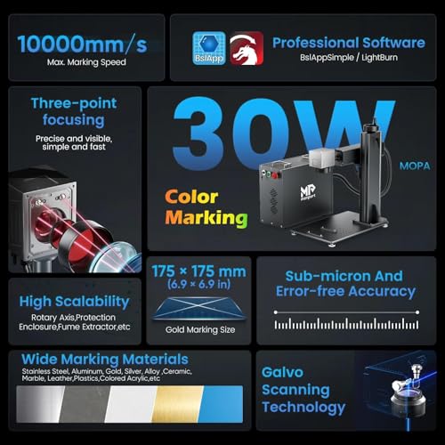 Monport 30W Fiber Laser Engraver Compatible with Lightburn, MOPA Color Marking Laser Marking Machine with 6.9" x 6.9" Lens Red Dot Guide Manual Focus for Metal Aluminum Gold Steel More Monport