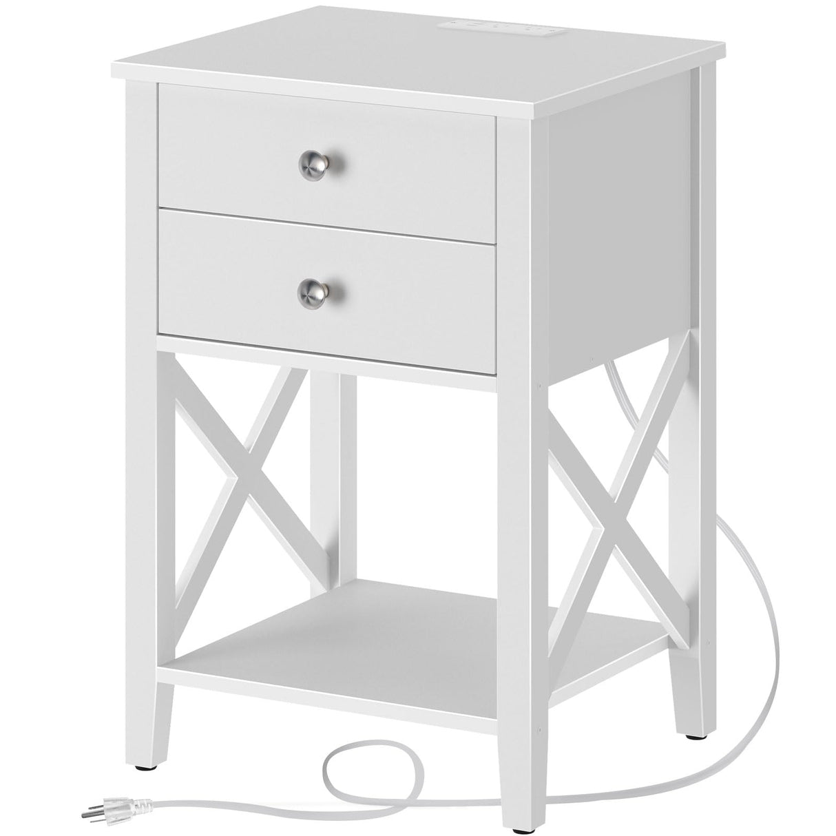Rolanstar Nightstand with Charging Station, Night Stand with 2 Drawers, 2 AC and USB Power Outlets, Accent Bed Side Table with Storage Shelf for Bedroom, White Rolanstar