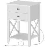 Rolanstar Nightstand with Charging Station, Night Stand with 2 Drawers, 2 AC and USB Power Outlets, Accent Bed Side Table with Storage Shelf for Bedroom, White Rolanstar