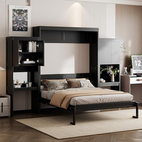 Merax Murphy Bed with Desk, Vanity and Cabinets, Queen Size, Espresso Merax