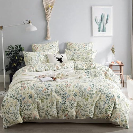 Sedefen Floral Duvet Cover Full Size Boho Aesthetic Green Botanical Bedding Set with Colorful Flower Print Pattern 3 Pcs Soft Microfiber Comforter Cover with Zipper Ties Garden Style Sedefen