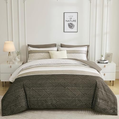 Drucon Brown Comforter Set King Size 7 Piece Bed in a Bag Striped Bedding Set Soft Microfiber Comforter and Sheet Set for All Season (King, 104"x90") Drucon