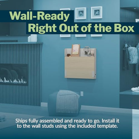 Vari Hide-Away Wall Mounted Floating Desk - 32” Foldable Murphy-Style Desk for Bedroom, Dorm, Apartment + Cable Ports, Bungee Storage, Shelf, 100 Lb Capacity + Simple Assembly (Dove Grey/Light Wood) Vari