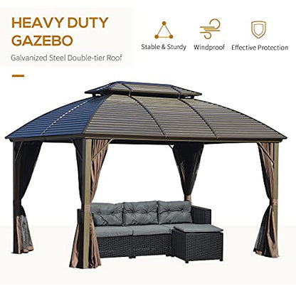 Outsunny 10' x 12' Hardtop Gazebo Canopy with Galvanized Steel Double Roof, Aluminum Frame, Permanent Pavilion Outdoor Gazebo with Netting and Curtains for Patio, Garden, Backyard, Deck, Lawn - WoodArtSupply