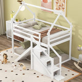 Merax House Shaped Junior Bunk Bed Frame Twin Over Twin with Slide and Storage Stairs, Wood Low Bunkbed with Full-Length Guardrails and Roof Design for Teens, Boys, Girls, No Box Spring Needed, White Merax