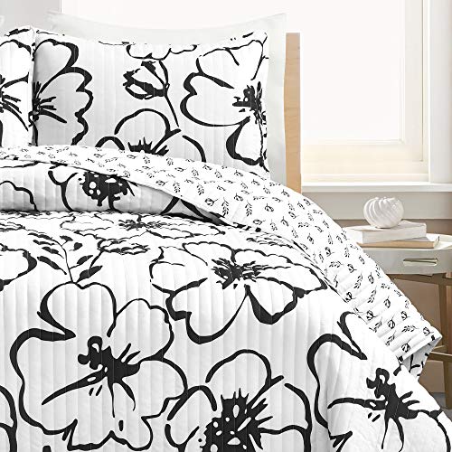Lush Decor Scandinavian Floral Quilt Queen Size Reversible 3 Piece Set Full/Queen Black & White - Floral Bedding Set Queen Quilt - White Bedding Lush Decor
