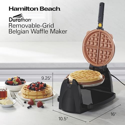 Hamilton Beach Belgian Waffle Maker with Removable PFAS-Free Durathon Nonstick Coated Plates, Easy Flip, Ceramic Grids, Black (26031) Hamilton Beach