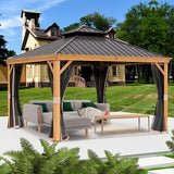 Kozyard Apollo 12’x12’ Hardtop Gazebo, Wooden Coated Aluminum Frame Canopy with Galvanized Steel Double Roof, Outdoor Permanent Metal Pavilion with Netting for Patio, Deck and Lawn (12ft x 12ft) Kozyard