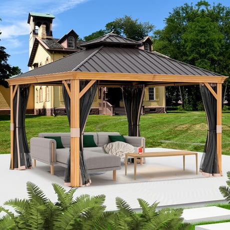 Kozyard Apollo 12’x12’ Hardtop Gazebo, Wooden Coated Aluminum Frame Canopy with Galvanized Steel Double Roof, Outdoor Permanent Metal Pavilion with Netting for Patio, Deck and Lawn (12ft x 12ft) Kozyard