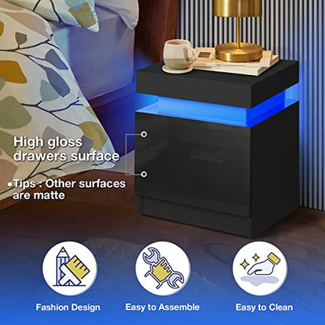 HOMMPA LED Nightstand Modern Black Nightstand with Led Lights Wood Matte Led Bedside Table Night Stand with 2 High Gloss Drawers for Bedroom 20.5" Tall HOMMPA
