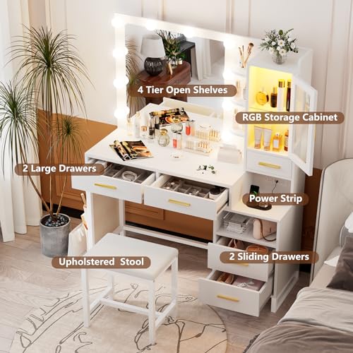 Dnxao Makeup Vanity Desk with Mirror and Lights & Charging Station, White Vanity Makeup Table Set, RGB LED Cabinet, 5 Drawers & Side Storage Bag, Vanity Mirror with Lights Desk and Chair for Bedroom