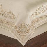 Versailles Luxury Bedding | Classic Neutral Pearl | Palace-Inspired French Style Golden Scrollwork Embroidery on Sateen | 7 Piece Set: Cal King Comforter, Bedskirt, 2 King Shams & 3 Decorative Pillow Touch of Class