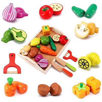 CARLORBO Wooden Toys Food for Kids Kitchen - Play Food Cutting Fruits and Vegetables Set for Pretend Role Play