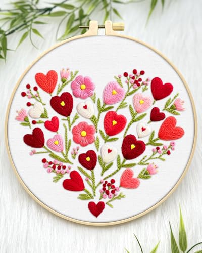 ERKOON Embroidery Kit for Beginners Adult, Flower Cross Stitch Set Include Embroidery Cloth Hoops Threads for Craft Lover Hand Stitch with Embroidery Skill Techniques (Heart) ERKOON