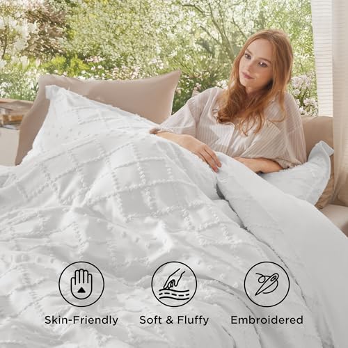 Bedsure Boho Duvet Cover King Size - Boho Bedding, Tufted King Duvet Cover for All Seasons, 3 Pieces Embroidery Shabby Chic Home Bedding,Comforter Not Included (White, 104" x 90") Bedsure