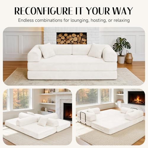 KSTNLUXQ 79" Corduroy Sofa Bed, Boneless Couch in a Box with 2 Pillows, High-Density Foam 4-in-1 Foldable Sleeper Futon Loveseat for Small Spaces, No Assembly, Side Pockets, Round Arm White KSTNLUXQ