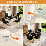 Black Dining Table Set for 4, 55" Black Glossy Top with Gold Metal Legs, Modern Dining Table Set for 4 & Velvet Tufted Chair with Nailhead Trim, Luxry Kitchen Table Set Ideal for Dining Room,APT Iopirbu