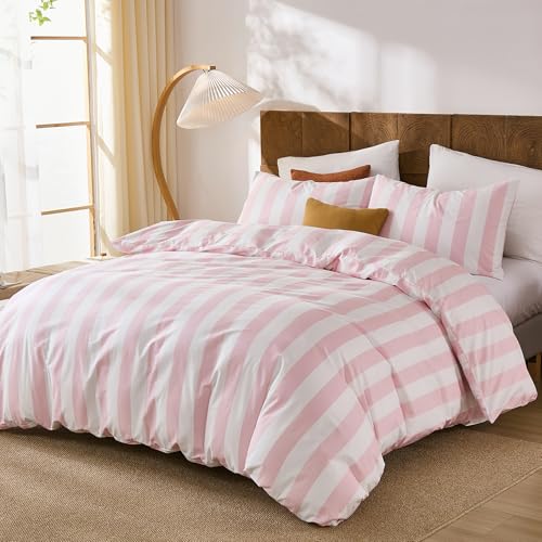 Merryword Pink and White Striped Duvet Cover Set King Size, 100% Cotton Bedding Set with Zipper Closure & 8 Corner Ties, Luxury Linen Like Bedding, Soft Breathable Comforter Cover for All Seasons Merryword