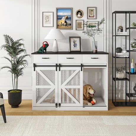 kepptory 48'' Dog Crate Furniture with Divider&Storage Drawers, Wooden Double Dog Kennel Furniture End Table with Sliding Barn Doors, White Double Dog Crate TV Stand kepptory