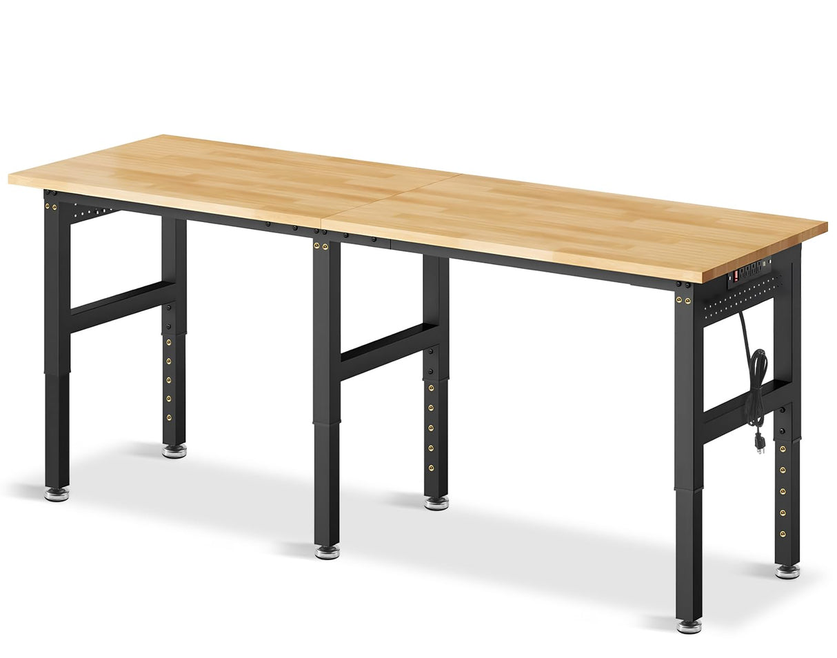 MUWOOD 84” Adjustable Height Workbench, 5000 LBS Heavy Duty Table Rubber Wood Workstation with Power Outlet & Pegboard for Garage, Office, Workshop, Home,Commercial MUWOOD
