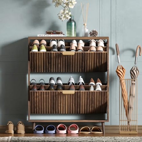 QIVOMIX Shoe Cabinet Storage,Modern Freestanding Organizer with 2 Flip Drawers,Narrow Shoe Rack Cabinet for Entryway,Walnut QIVOMIX
