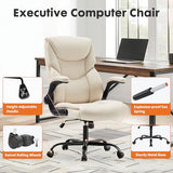 DUMOS PU Leather Office Chair - Ergonomic Executive Computer Desk Chairs with Adjustable Flip-up Armrest, Swivel Task Chair with Lumbar Support, Strong Metal Base, Cream White DUMOS