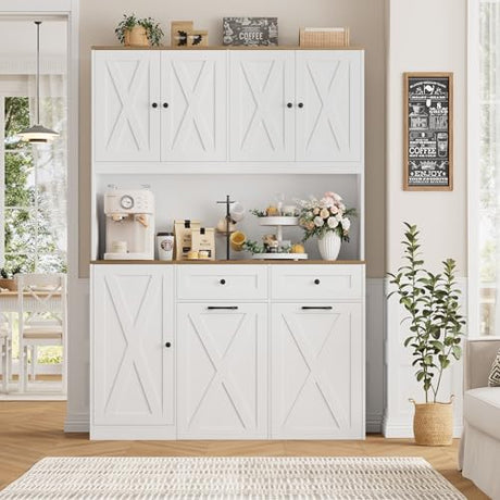 HOSTACK 71"H Kitchen Trash Can Cabinet, 12.5 Gallon Double Pull Out Garbage Can Hutch Cabinet with Trash Bin Storage Holders, 47" Wide Kitchen Pantry with Hidden Garbage Storage for Dining Room, White HOSTACK