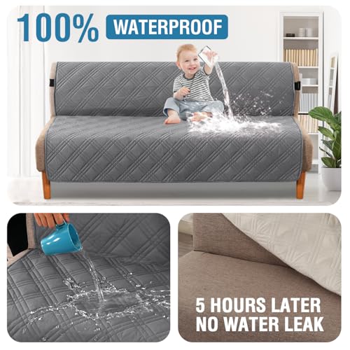 H.VERSAILTEX 100% Waterproof Futon Cover Reversible Futon Slipcover Armless Sofa Slipcover Furniture Protector Seat Width Up to 70" Washable with Adjustable Elastic Strap Anti-Slip, Grey/Beige H.VERSAILTEX