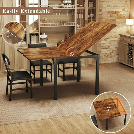 7-Piece Dining Table Set for 4-6, Extendable Kitchen Table Cushion Chairs Set of 6 with 6 Chairs, Rectangle Dining Table with Metal Frame & MDF Board, Folding for Small Apartment Saving Space, Rustic HUAHUU