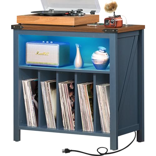 Joaxswe Large Record Player Stand with Charging Station & LED Lights, Vinyl Records Storage Holder Cabinet Holds up to 230 Albums, Turntable Stand for Music Room, Bedroom, Living Room, Office (Blue) Joaxswe
