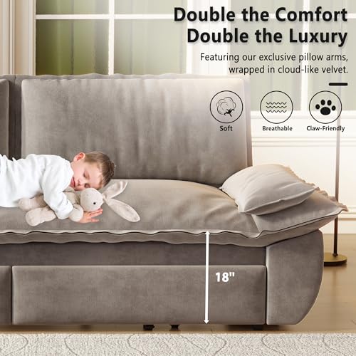 UPYOOE 70.1" Futon Sofa Bed Queen Size, Pull Out Bed, 3-in-1 Convertible Sleeper Sofa with 2 Soft Pillows, Modern Velvet Futon Couch for Living Room, Small Space, Apartment, Bedroom, Grey UPYOOE