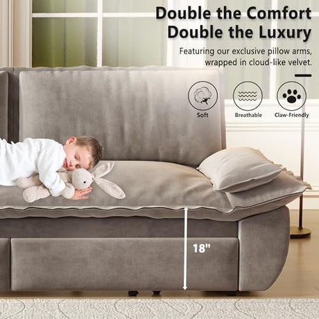 UPYOOE 70.1" Futon Sofa Bed Queen Size, Pull Out Bed, 3-in-1 Convertible Sleeper Sofa with 2 Soft Pillows, Modern Velvet Futon Couch for Living Room, Small Space, Apartment, Bedroom, Grey UPYOOE