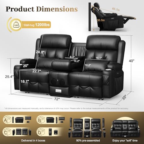 Aotolo Power Reclining Loveseat Sofa with Console, Wall Hugger RV Recliner Couch, Home Theater Seating with Heating & Massage, Bluetooth Speaker, LED Light, USB & Type-C Ports, Storage Armrests