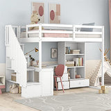 Merax Twin Size Wood Loft Bed with L-Shaped Desk, Storage Staircase and Drawers in White Merax