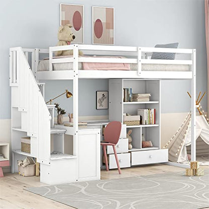 Merax Twin Size Wood Loft Bed with L-Shaped Desk, Storage Staircase and Drawers in White - WoodArtSupply