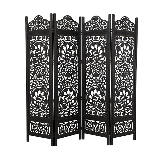 Deco 79 Wood Floral Handmade Partition Room Divider Screen Foldable Partition Carved 4 Panel Privacy Screen, Room Partition 80" x 1" x 72", Black Deco 79