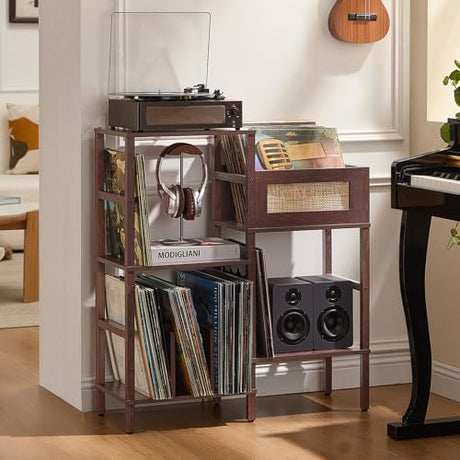 LELELINKY Record Player Stand, Vintage Walnut Wood Record Holder with Vinyl Storage Holds up to 300+ Albums, 3-Tier Rattan Media Table with Vinyl Display Shelf, Record Storage Cabinet for Living Room LELELINKY