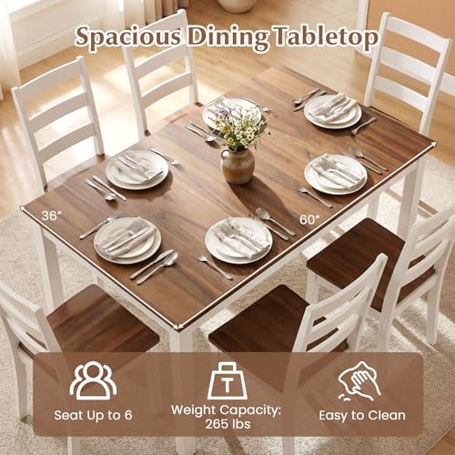 Tangkula Dining Table Set for 6, Solid Wood, Farmhouse Dinette Set w/Rubber Wood Legs, Mid-Century Modern, Compact Dining Table and Chairs Set for Kitchen, Dining Room (Rustic Brown) Tangkula