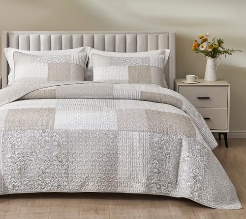Chezmoi Collection Quinn 3-Piece Neutral Taupe Gray White Floral Hibiscus Flower Candy Stripe Patchwork Quilt Set - Pre-Washed Cotton Coverlet - Lightweight Reversible Bedspread, Queen Size Chezmoi Collection