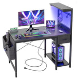 TIQLAB Gaming Desk 40 inch with Power Outlet and LED Light, Computer Desk with Reversible Shelves and Storage Drawer, Small PC Desk for Home Office Table with Bag, Carbon Fiber Black TIQLAB