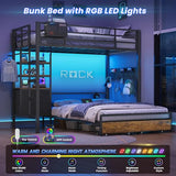 DICTAC Twin Over Full Bunk Bed with 4 Storage Drawers and 3-Tier Open Bookshelf Metal Bunk Bed with LED Lights,Charging Station and Pegboard,L-Shaped bunk Beds with Safety Guardrail and Ladder,Black DICTAC