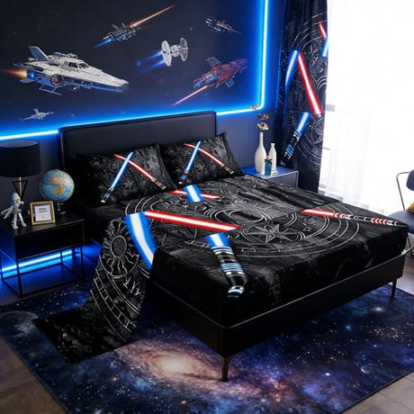 Lightsaber Bedding Set King Size 3D Neon Blue Red Bed Sheets 4Pcs Geometric Sun Moon Round Sheet Set for Kids Boys Girls Teens Room Decor Fashion Vintage Stone Wall Fitted + Flat Sheet,Black Castle Fairy
