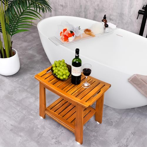 NNN Teak Shower Bench Seat with Handle 18 Inch/Teak Wood Shower Stool with Shelf/Wooden Bathroom Spa Bathing Stool/Waterproof, Indoor and Outdoor Use,Patented Design. NNN